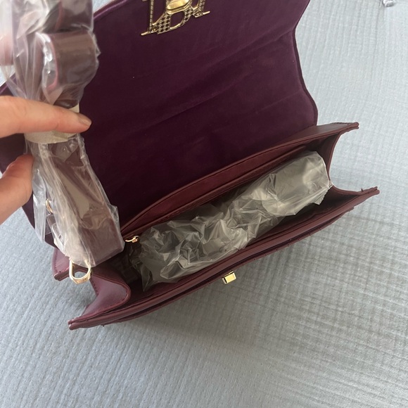 Quilted Top-Handle Satchel in Burgundy with Gold Hardware - Picture 3 of 3